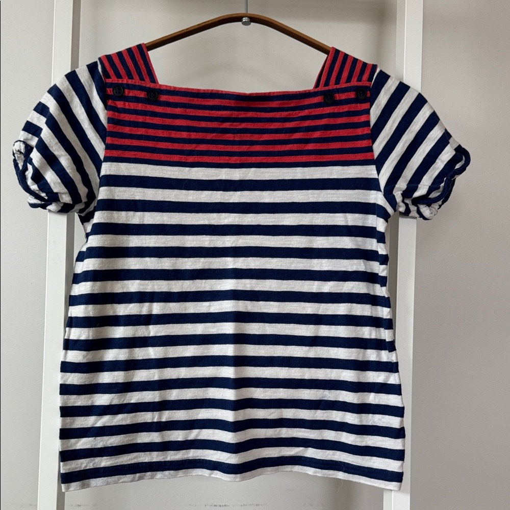 Petit Bateau Navy, White & Pink Striped Short Sleeve Top with Buttoned Yoke